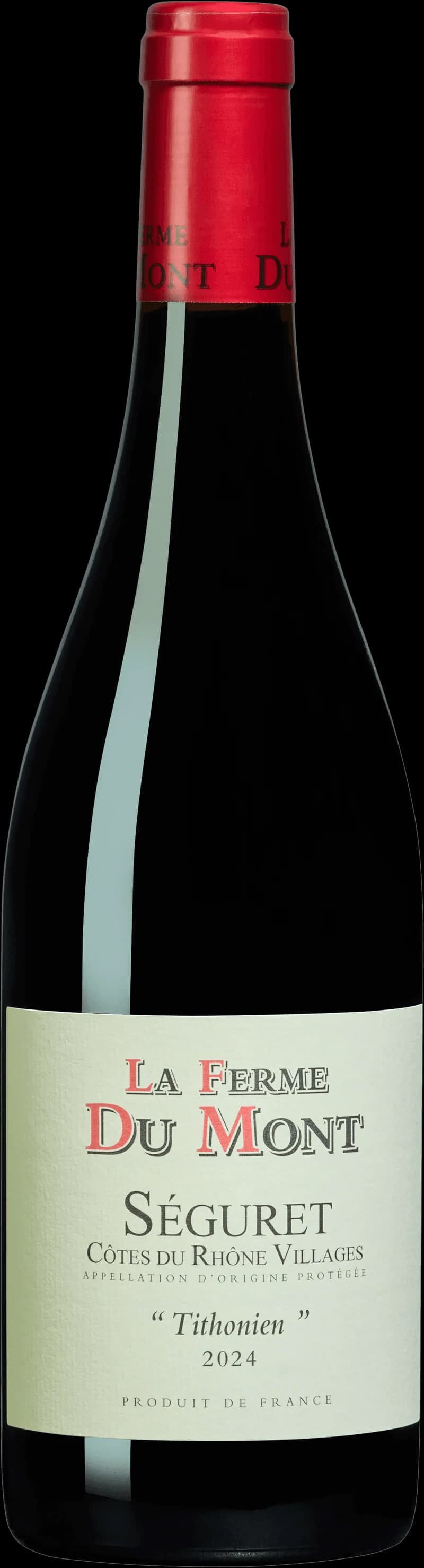 Flaska rött vin från Côtes du Rhône Villages Séguret, avbildad i helformat mot ljus bakgrund.