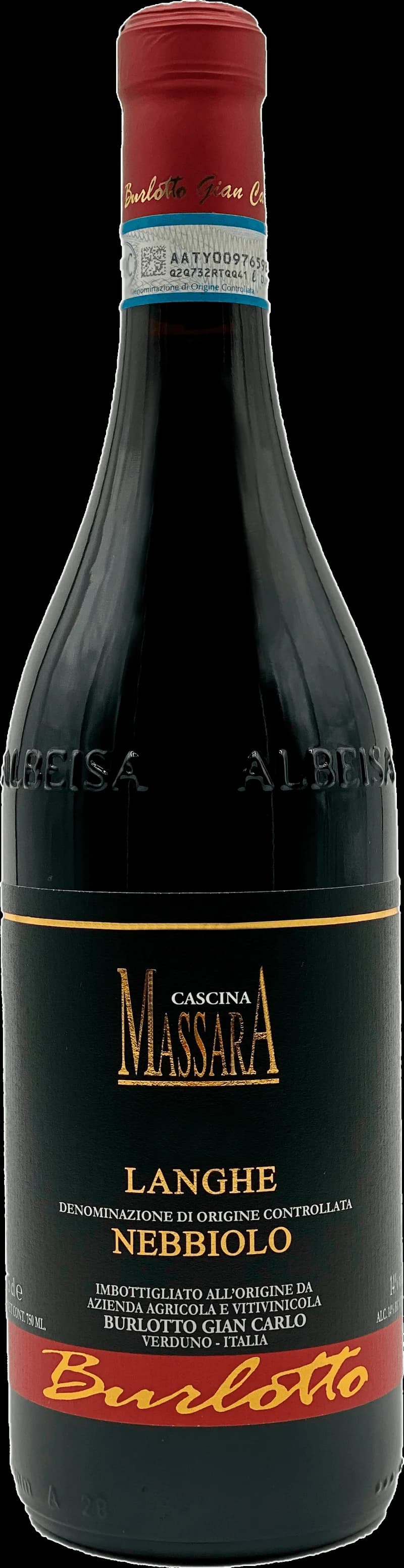 Flaska Cascina Massara rött vin mot neutral bakgrund