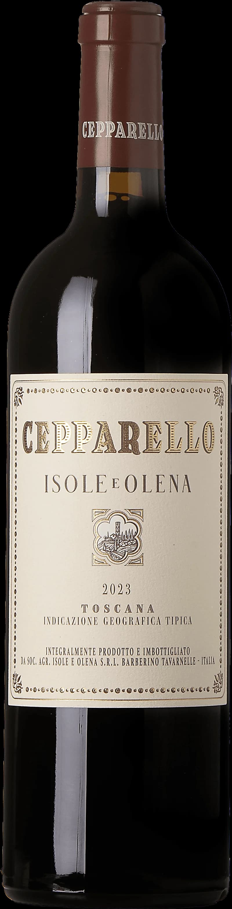 Flaska rött vin av märket Cepparello, ett toskanskt vin på sangiovese