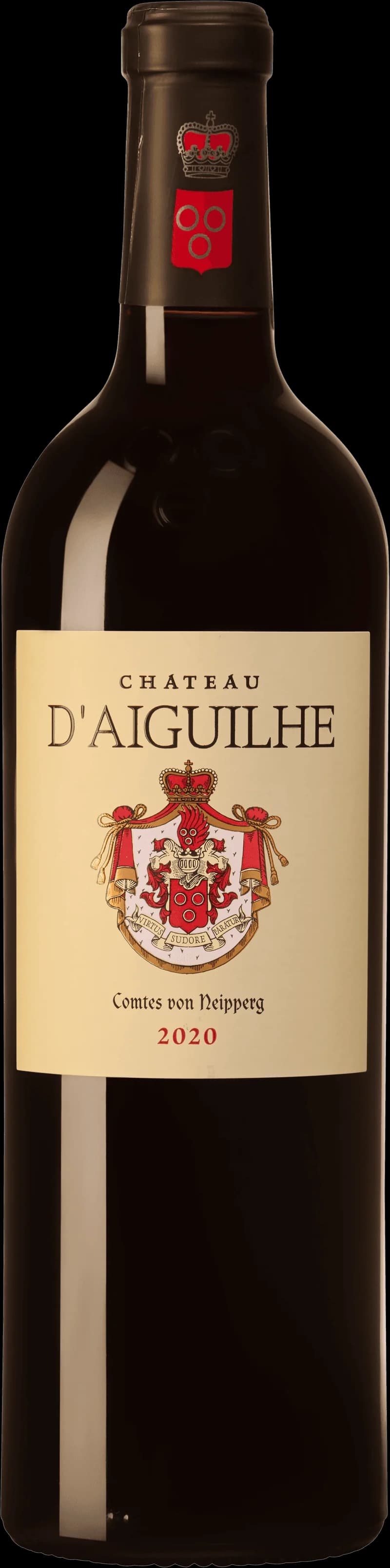 Flaska Château d'Aiguilhe rött vin, ett franskt Bordeaux-vin från Castillon