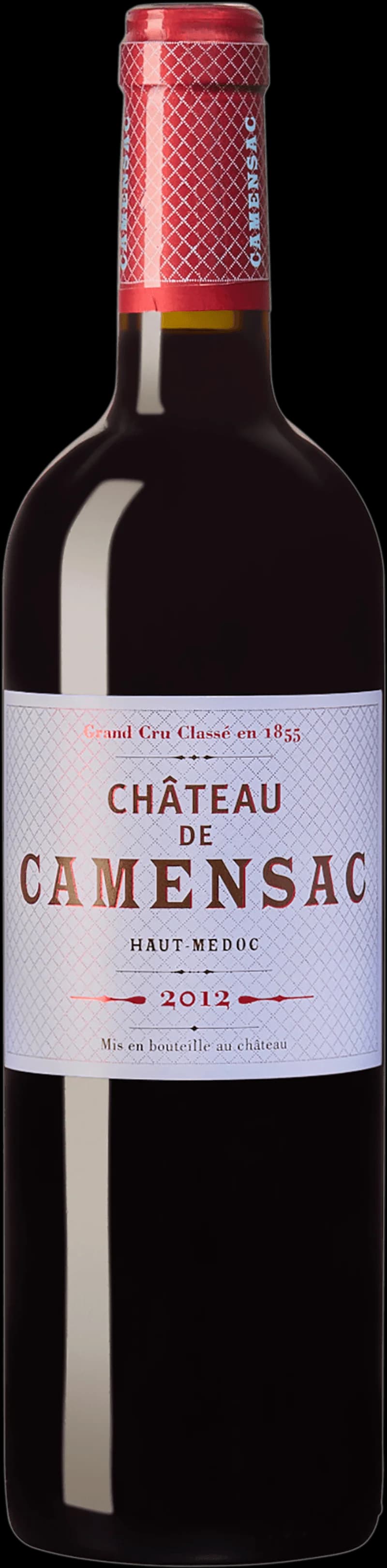 Flaska rött vin från Château de Camensac, ett slott i Bordeaux