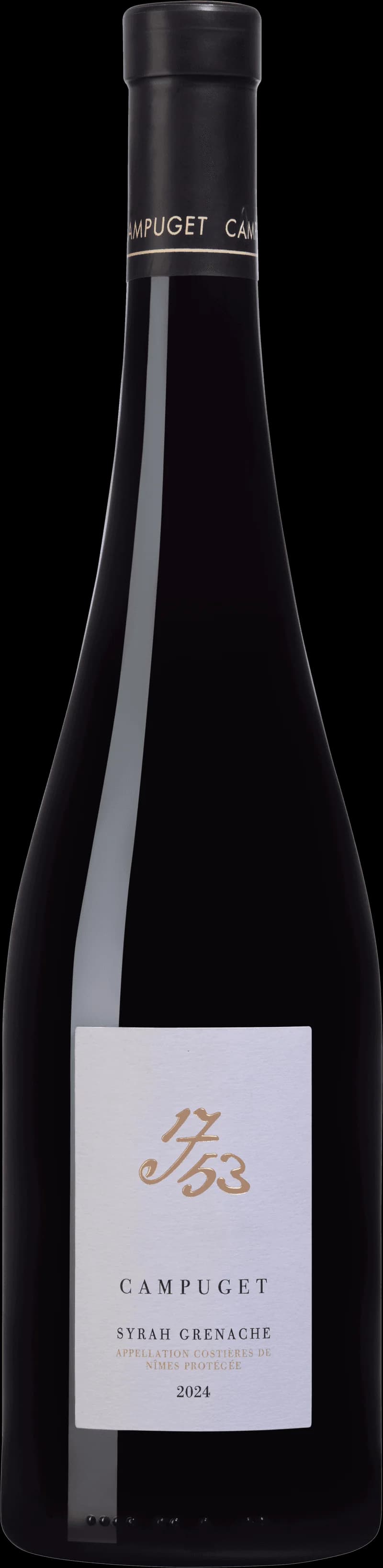 Flaska rött vin från Château de Campuget, ett franskt vin från Rhône-dalen