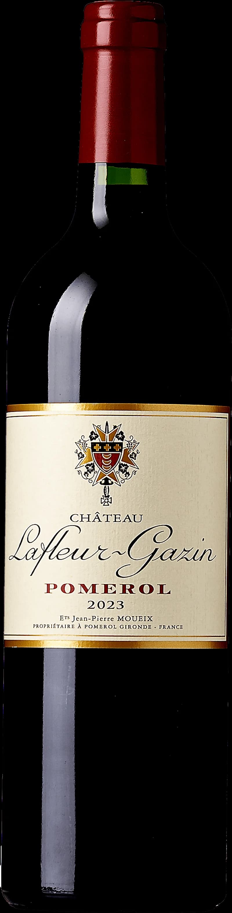 Flaska rött vin från Château Lafleur Gazin, Pomerol, uppställd mot neutral bakgrund