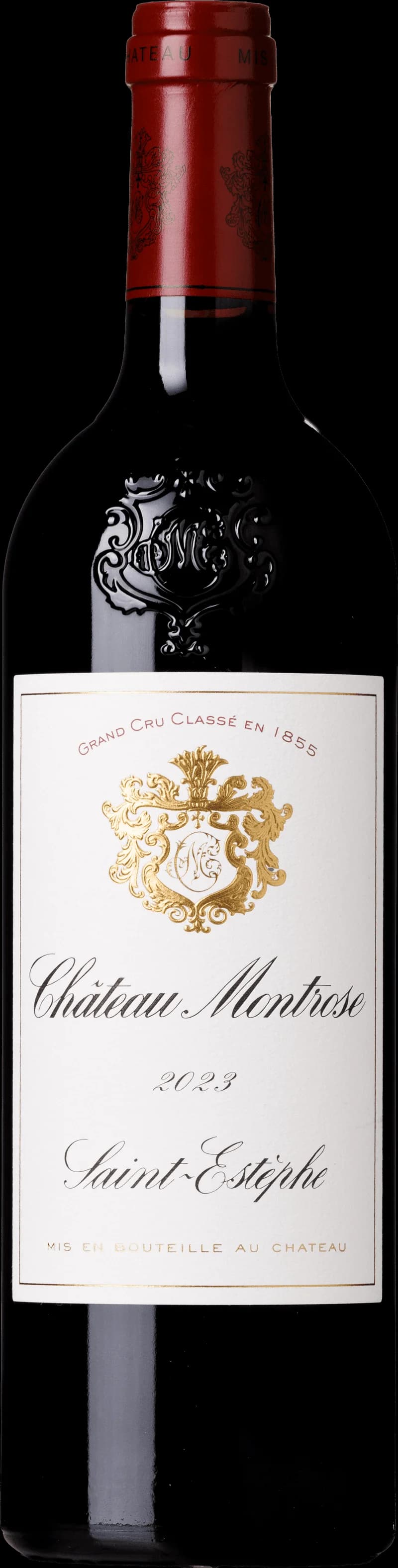 Flaska rött vin från Château Montrose, ett välkänt slott i Bordeaux