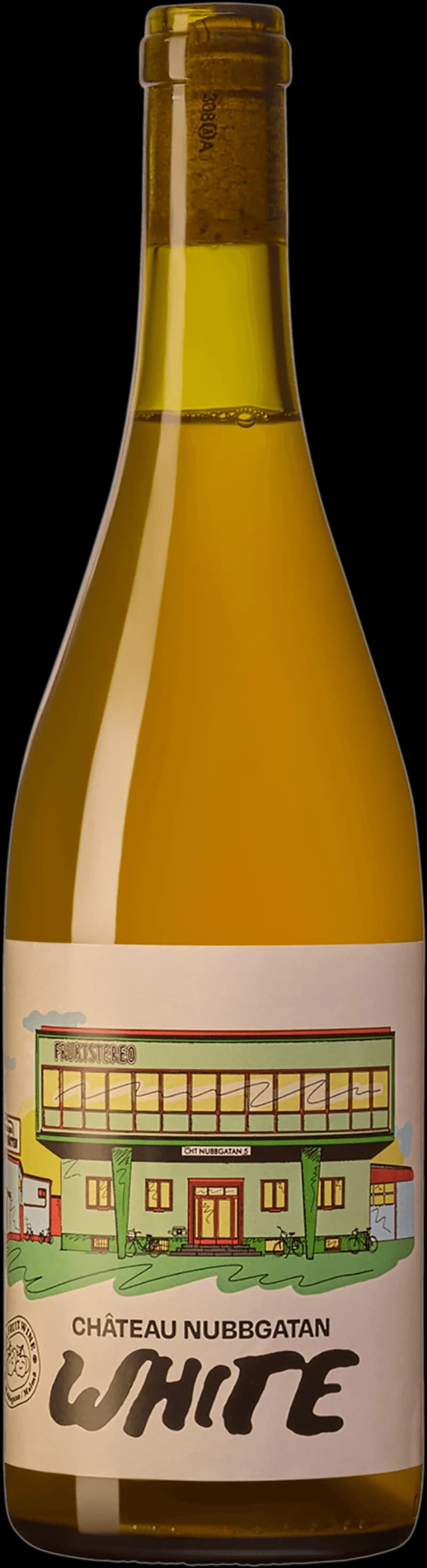 Flaska Château Nubbgatan smaksatt vin och fruktvin, ett svenskt fruktvin med tydlig etikett.