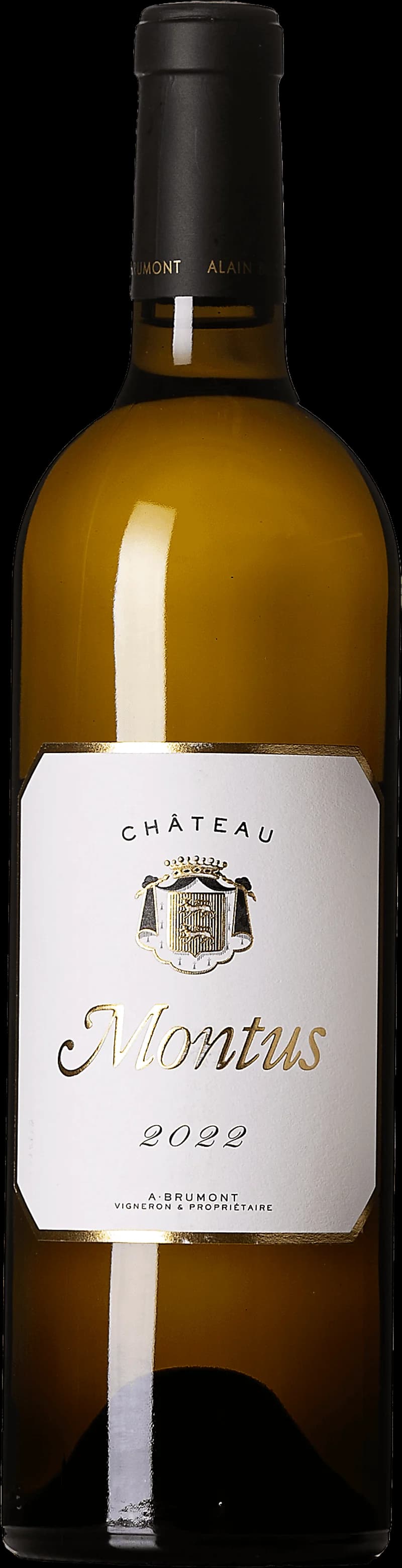 Flaska och glas med vitt vin från Château Montus, ett vin från Sydvästfrankrike