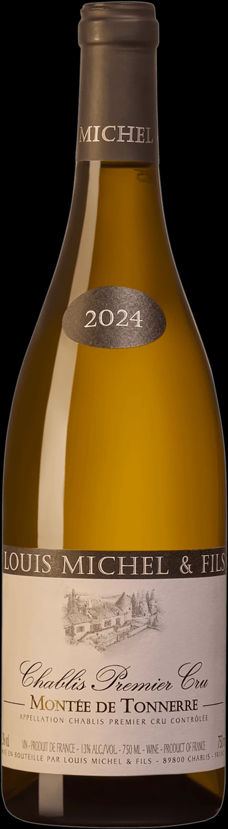 Flaska Chablis Premier Cru, ett torrt vitt vin från Bourgogne, uppställd mot ljus bakgrund