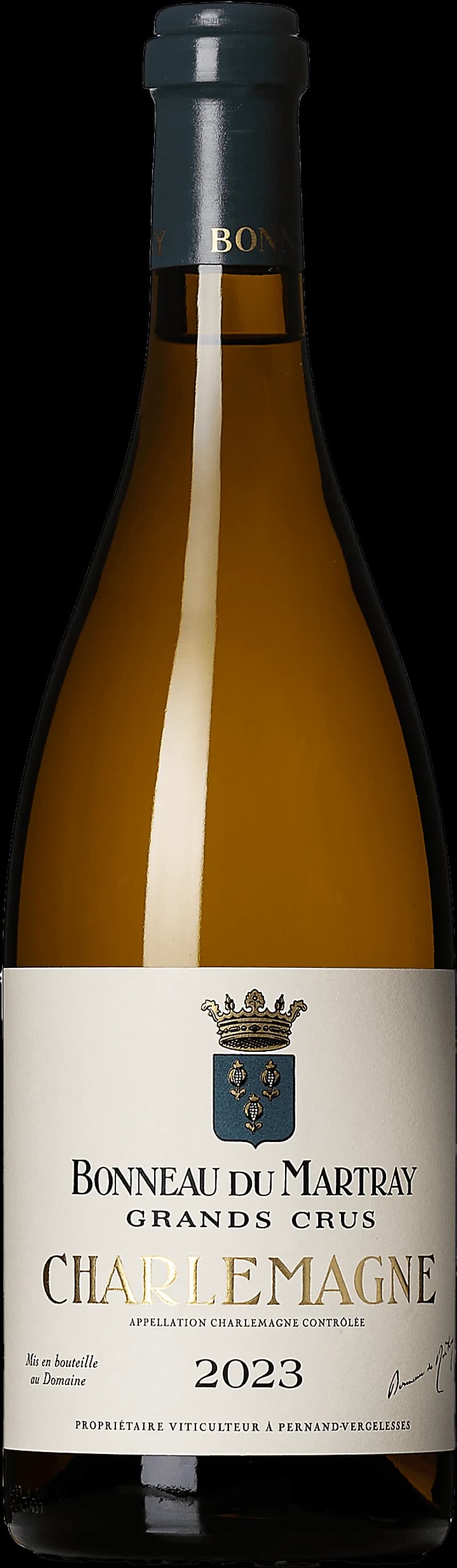 Flaska Charlemagne Grand Cru vitt vin, ett exklusivt franskt vin från Bourgogne