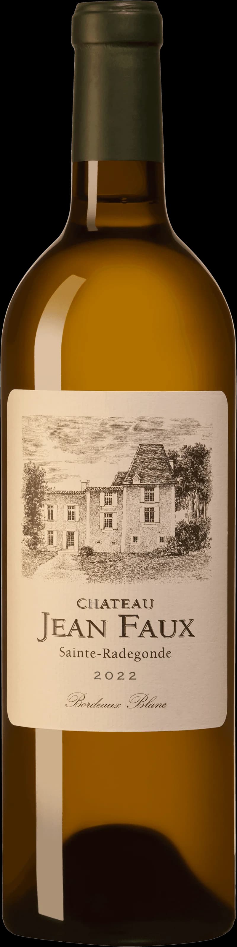 Flaska Château Jean Faux vitt vin mot ljus bakgrund