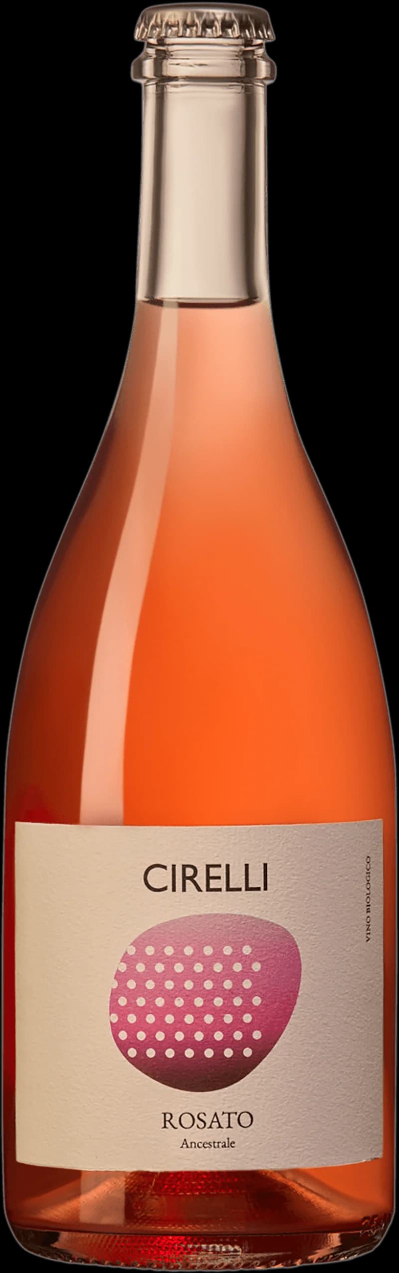 Flaska med mousserande vin från Cirelli, fotograferad mot en ljus bakgrund.