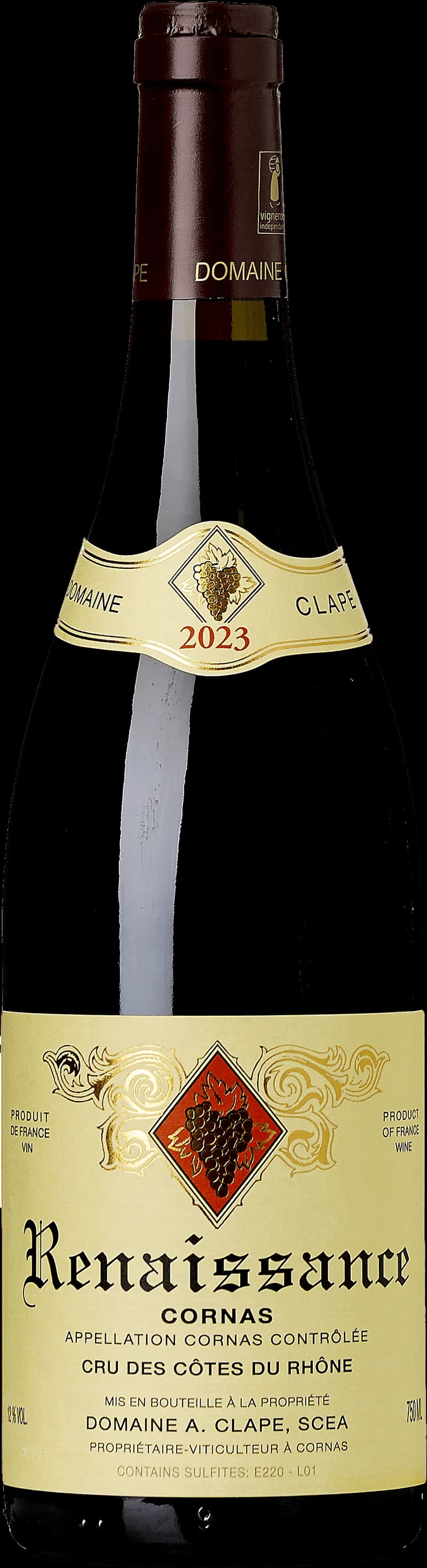 Flaska och glas med rött vin från Cornas, en appellation i norra Rhône