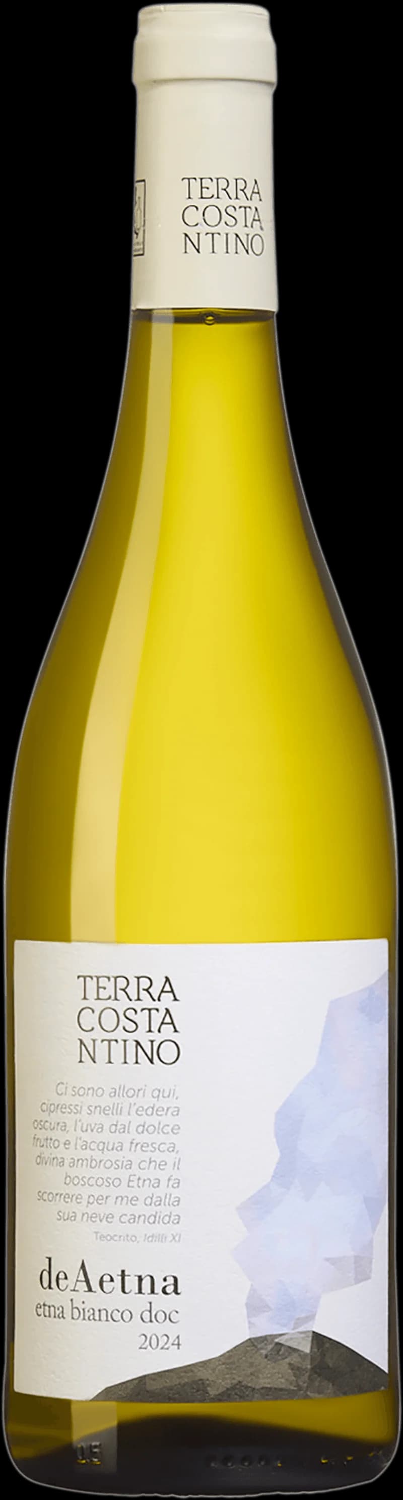 Flaska Deaetna Bianco, ett vitt vin, fotograferad mot neutral bakgrund