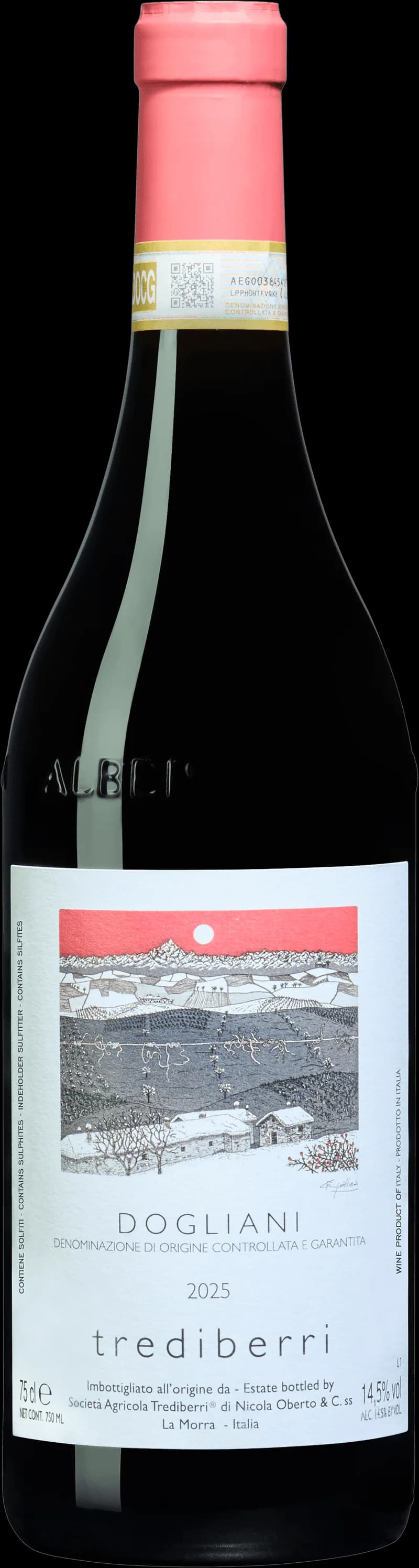 Flaska rött vin från Dogliani i Piemonte, Italien, med etikett och mörk vinflaska