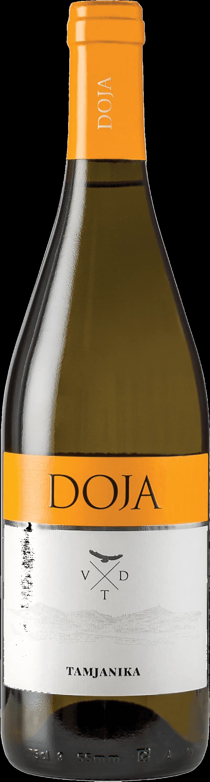 Flaska Doja Tamjanika, ett vitt vin, avbildad på en ljus bakgrund