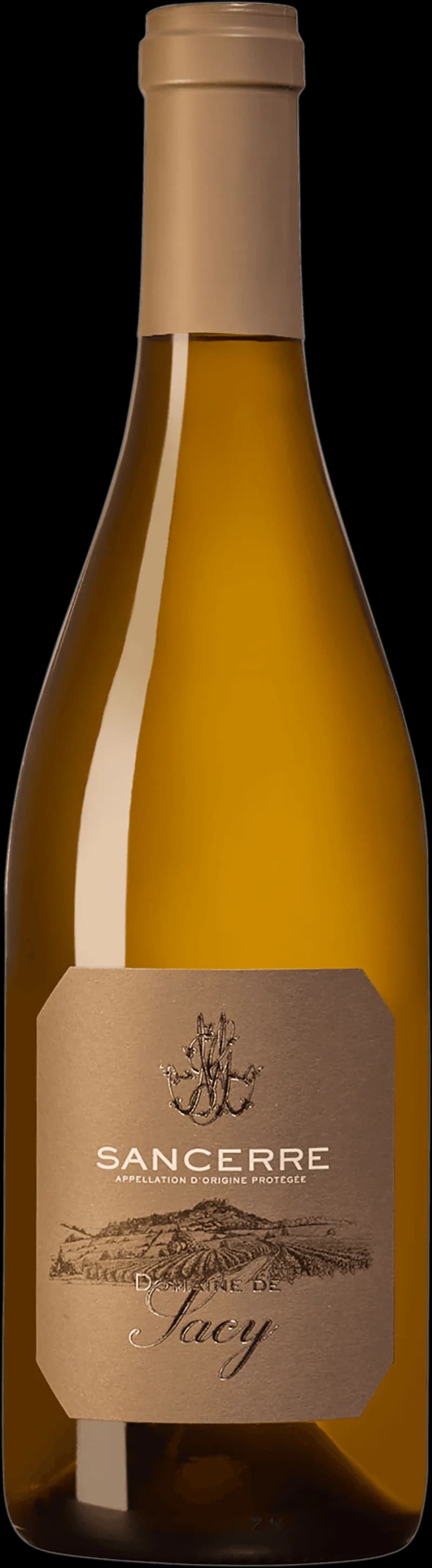 Flaska vitt vin från Domaine de Sacy, fotograferad mot en ljus bakgrund