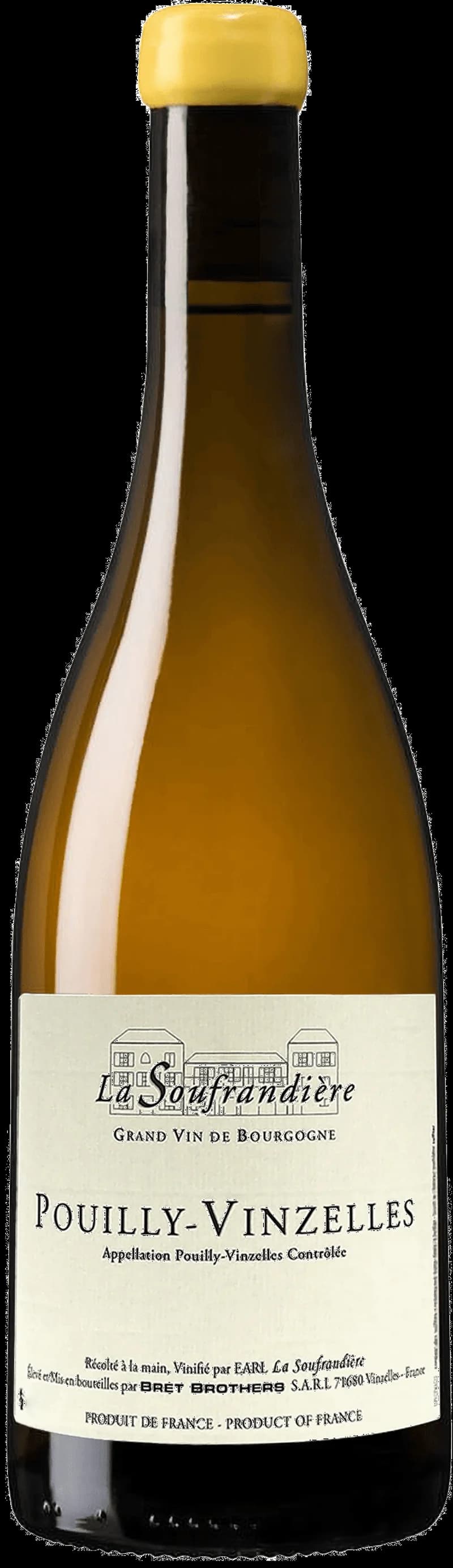 Flaska vitt vin från Domaine La Soufrandière, producerat i Bourgogne