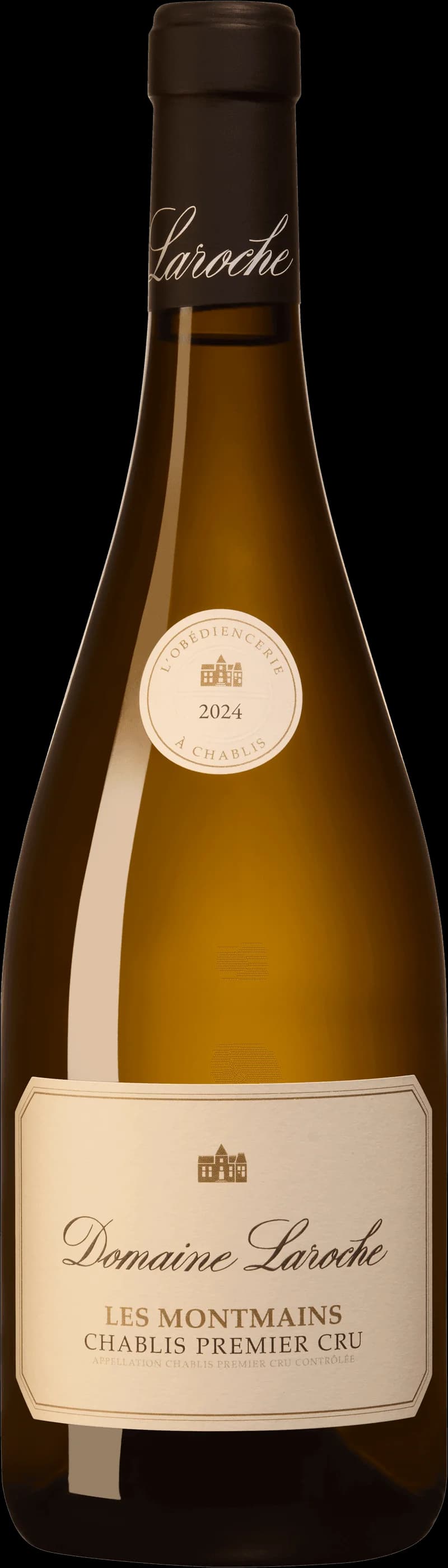 Flaska vitt vin från Domaine Laroche, ett klassiskt franskt vinhus känt för sina viner från Chablis.