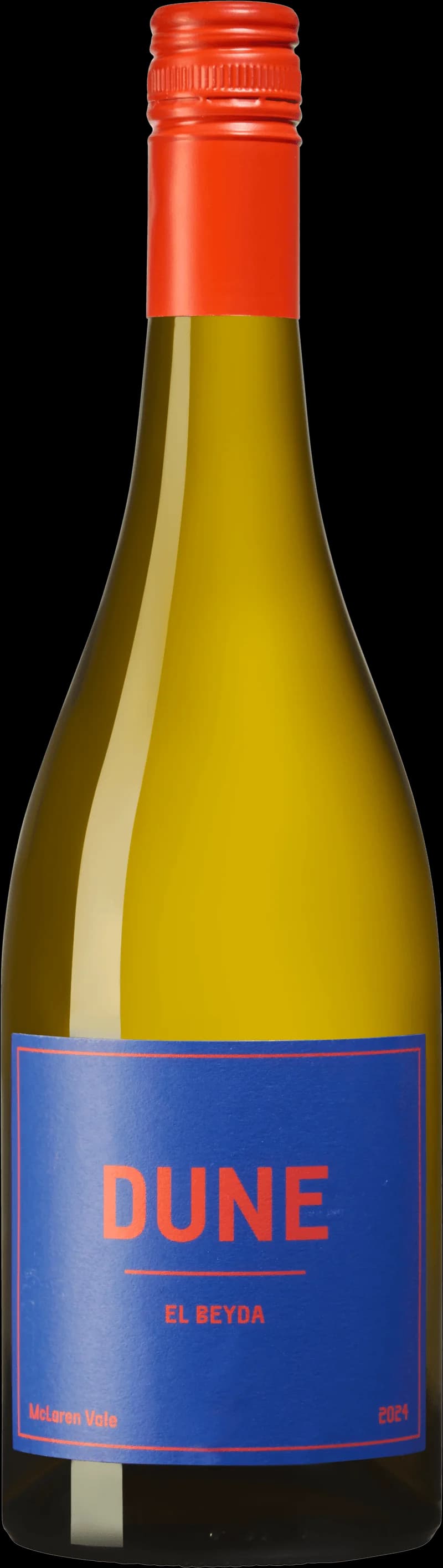 Flaska eller glas med vitt vin från Dune, stilren bild i högt format