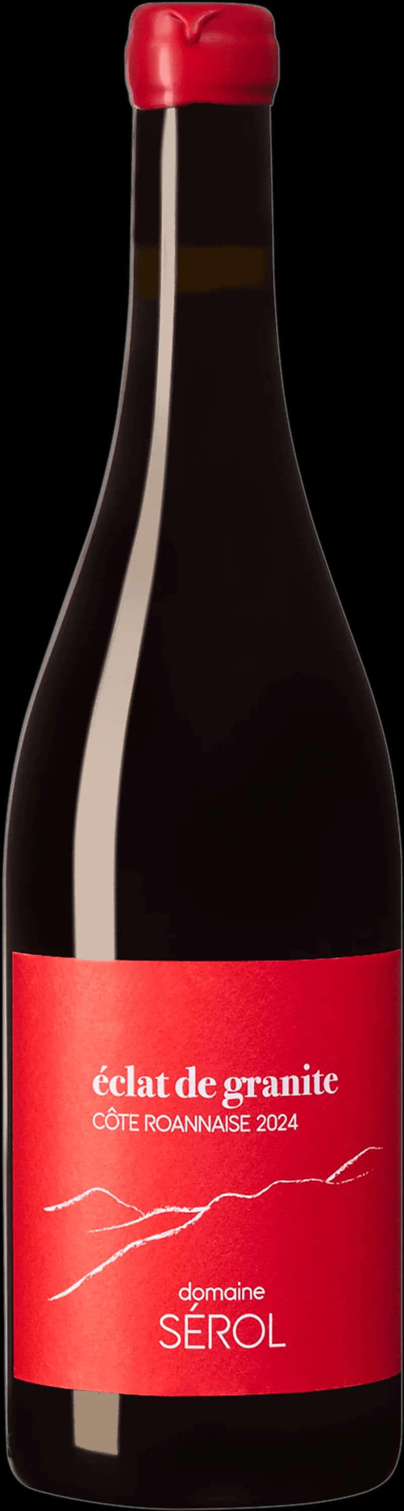 Flaska och glas med rött vin av märket Éclat de Granite mot neutral bakgrund.