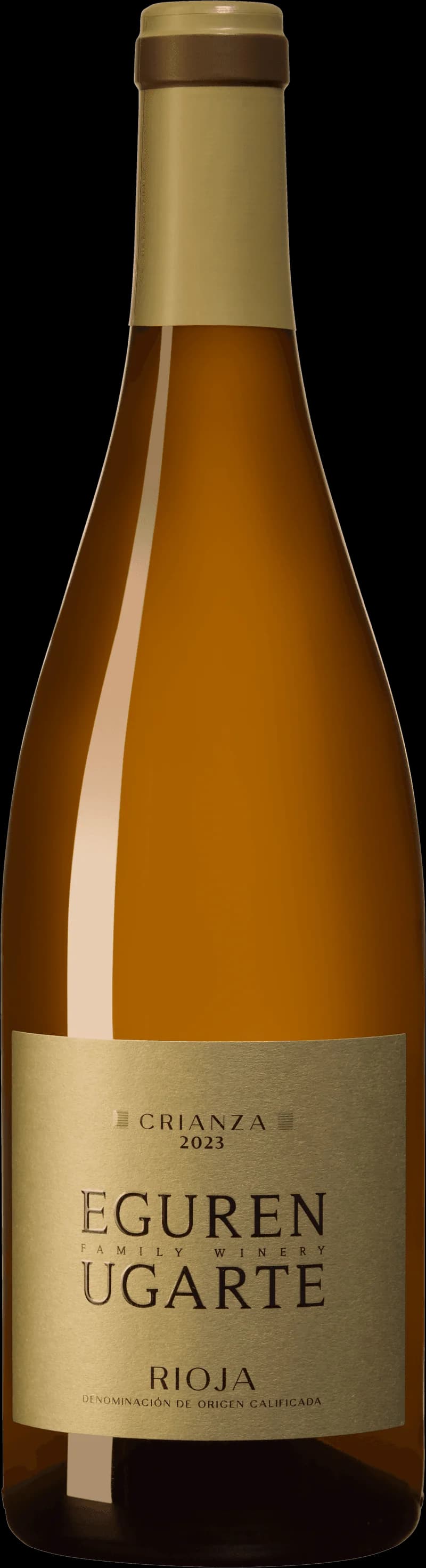 Flaska Eguren Ugarte vitt vin från Rioja, fotograferad mot ljus bakgrund