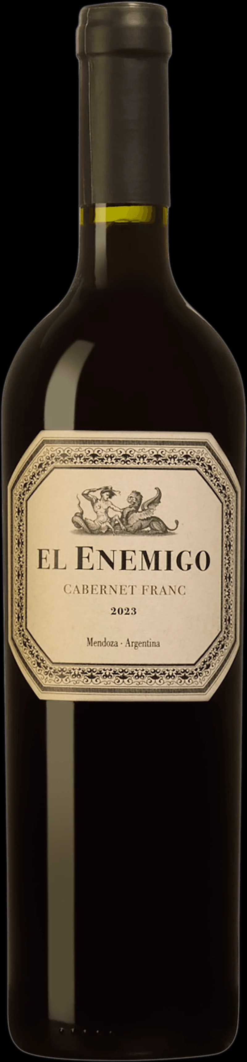 Flaska rött vin av El Enemigo Cabernet Franc mot neutral bakgrund