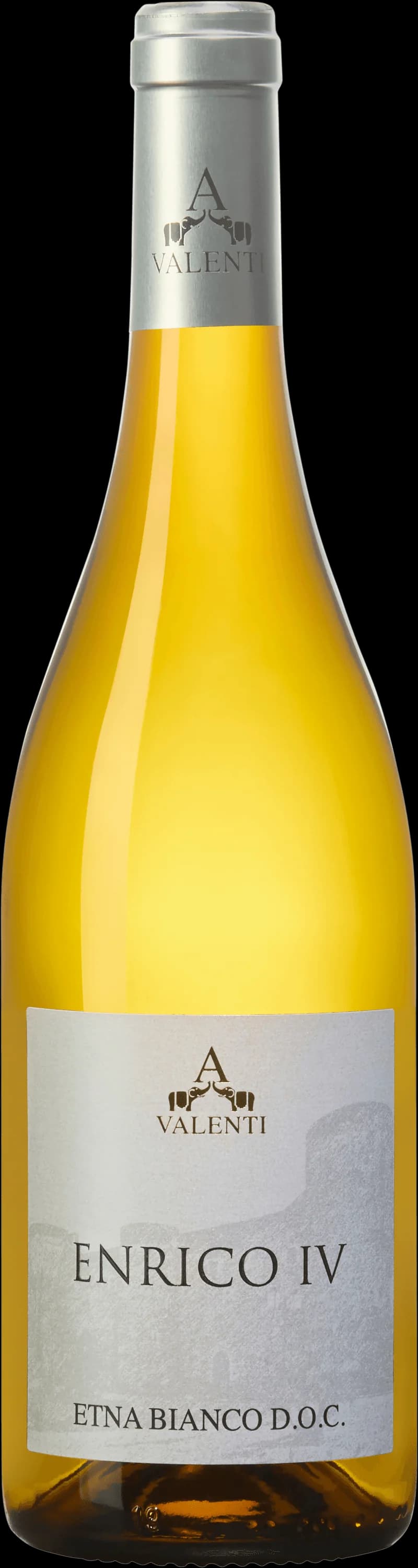 Flaska och glas med vitt vin från Enrico IV, uppställt för provning