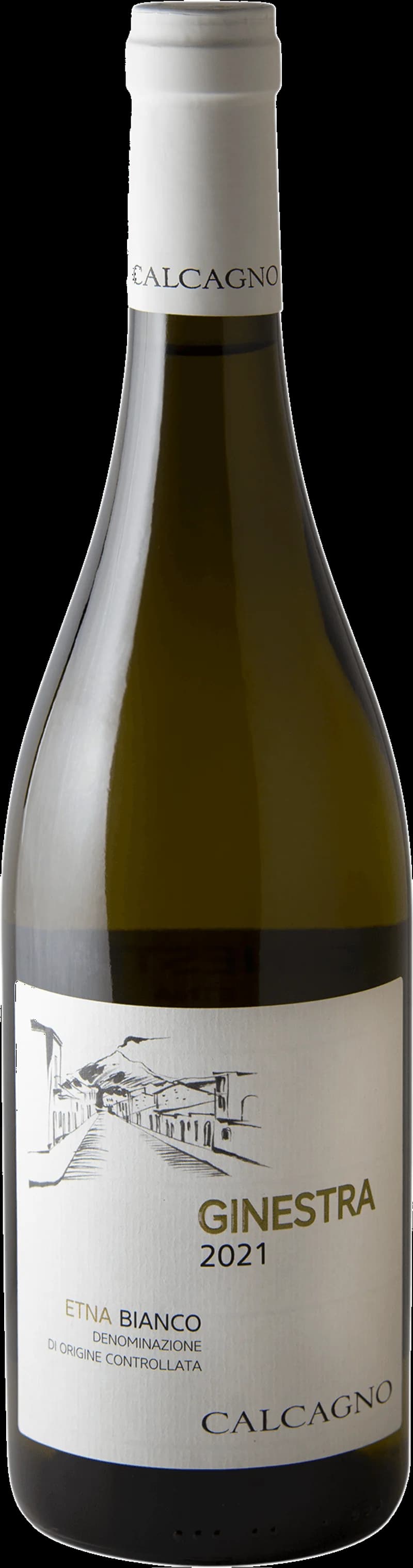Flaska vitt vin Etna Bianco Ginestra från Sicilien, fotograferad mot ljus bakgrund