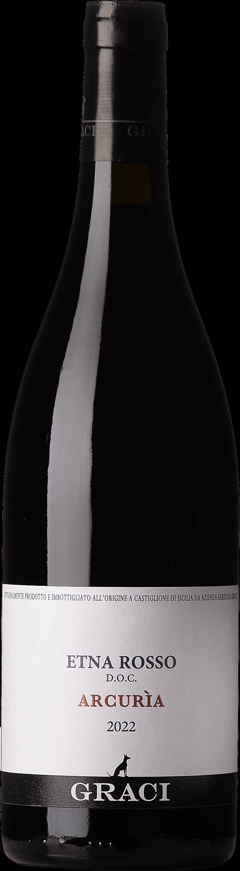 Flaska rött vin av Etna Rosso Arcurìa från Sicilien mot neutral bakgrund