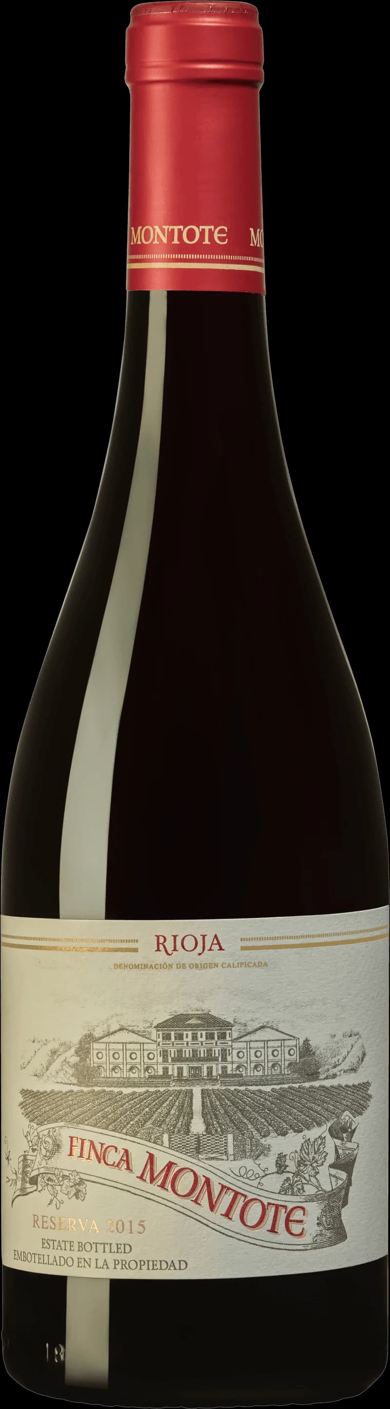 Flaska med rött vin från Finca Montote, ett spanskt vin med mörk färg och klassisk etikett.