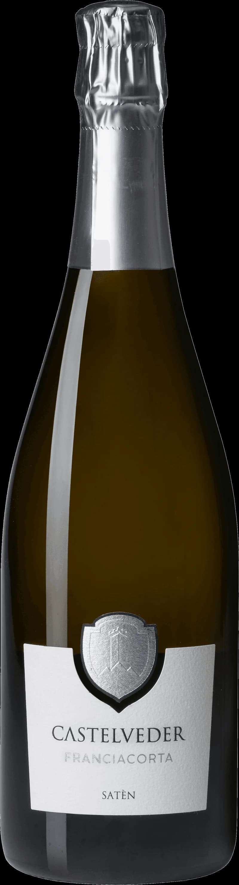Flaska Franciacorta Brut, ett italienskt mousserande vin från Lombardiet, mot neutral bakgrund