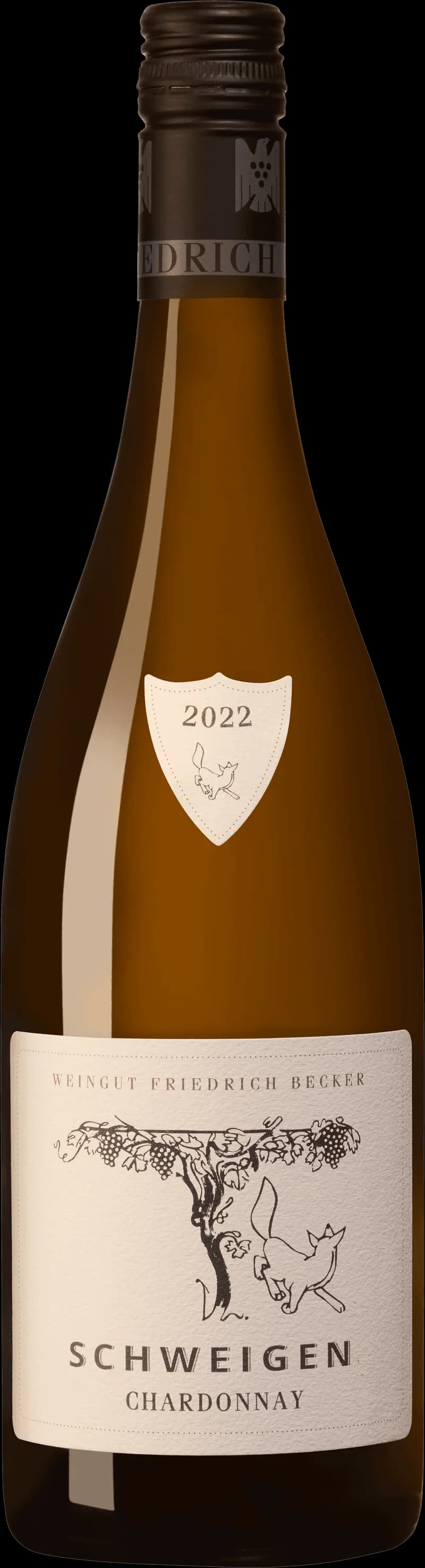 Flaska och glas med vitt vin från Friedrich Becker, uppställt för provning