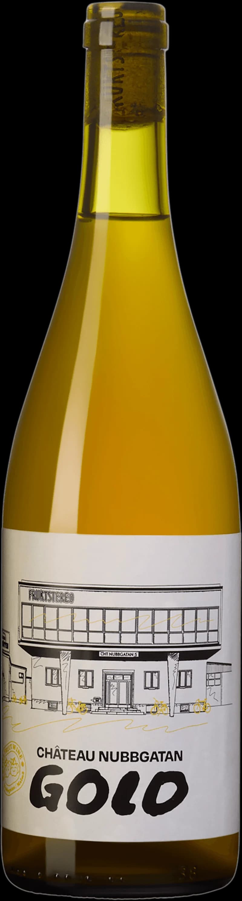 Flaska Fruktstereo vitt vin med fruktig etikett, fotograferad mot neutral bakgrund