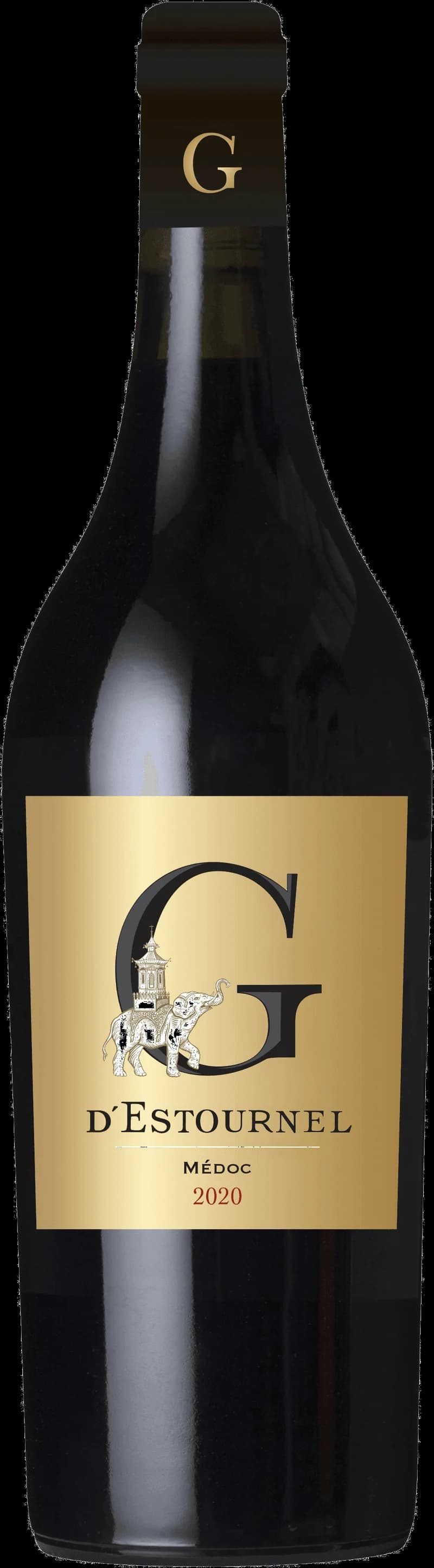 Flaska och glas med rött vin från G.D. Estournel