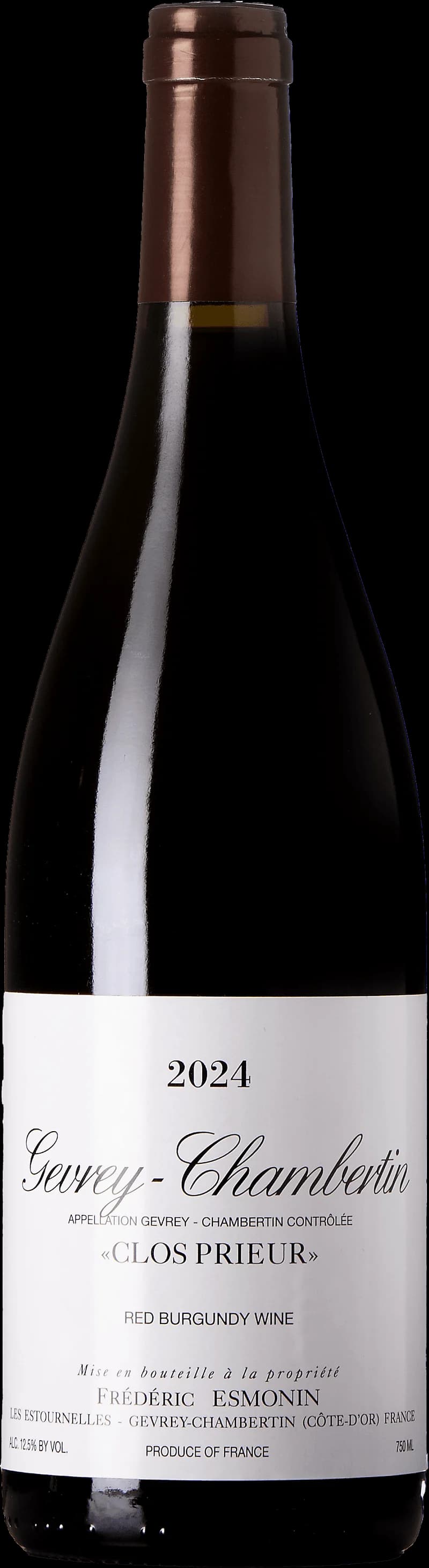 Flaska rött vin från Gevrey-Chambertin Clos Prieur, en bourgogne från Côte de Nuits