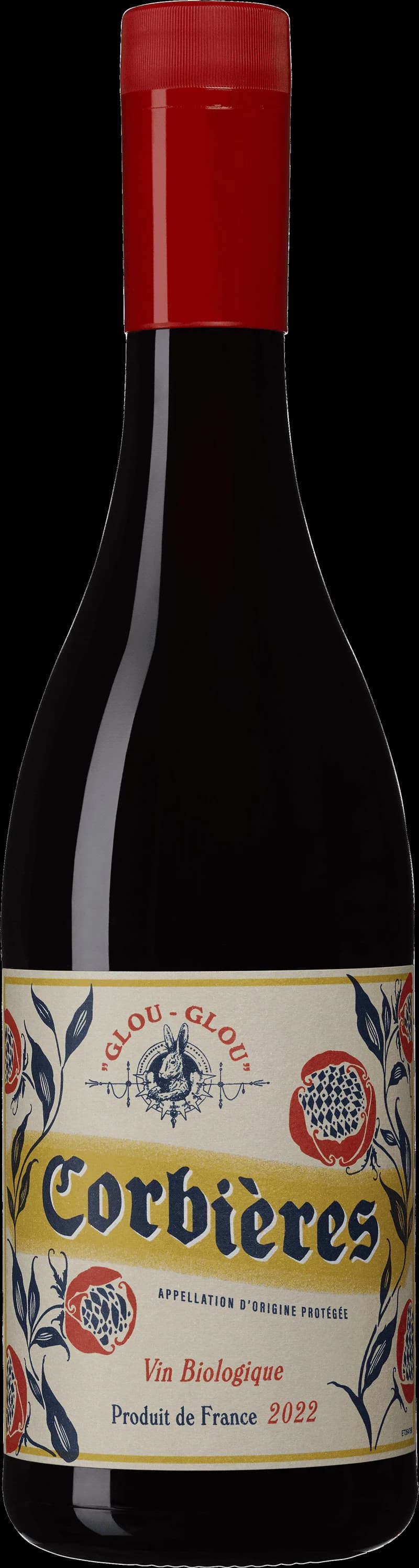 Flaska rött vin från Glou Glou Corbières, naturvin med ljus etikett och fyllig röd färg