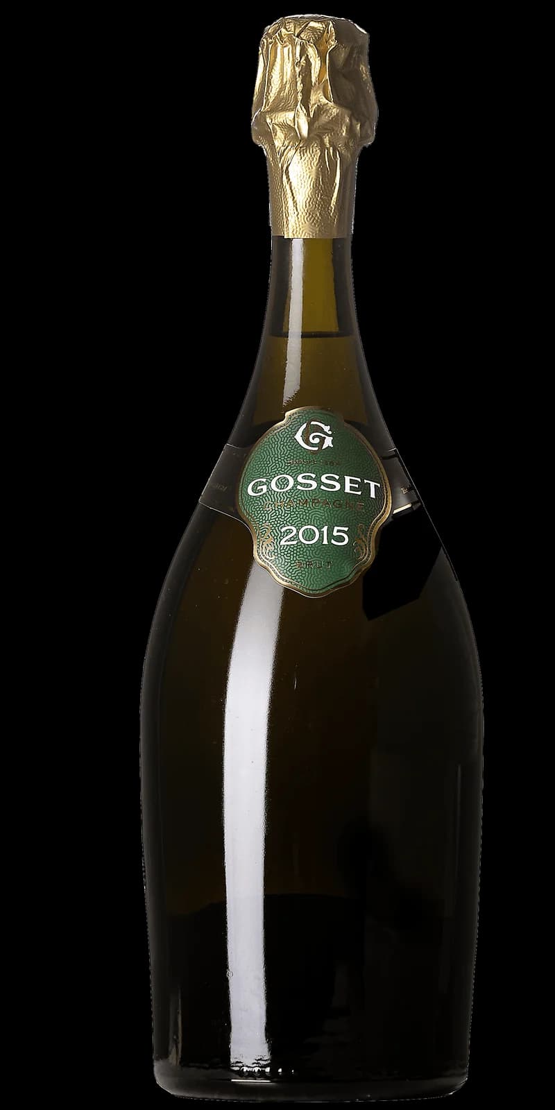 Flaska Gosset mousserande vin med champagnekork och etikett, fotograferad mot neutral bakgrund