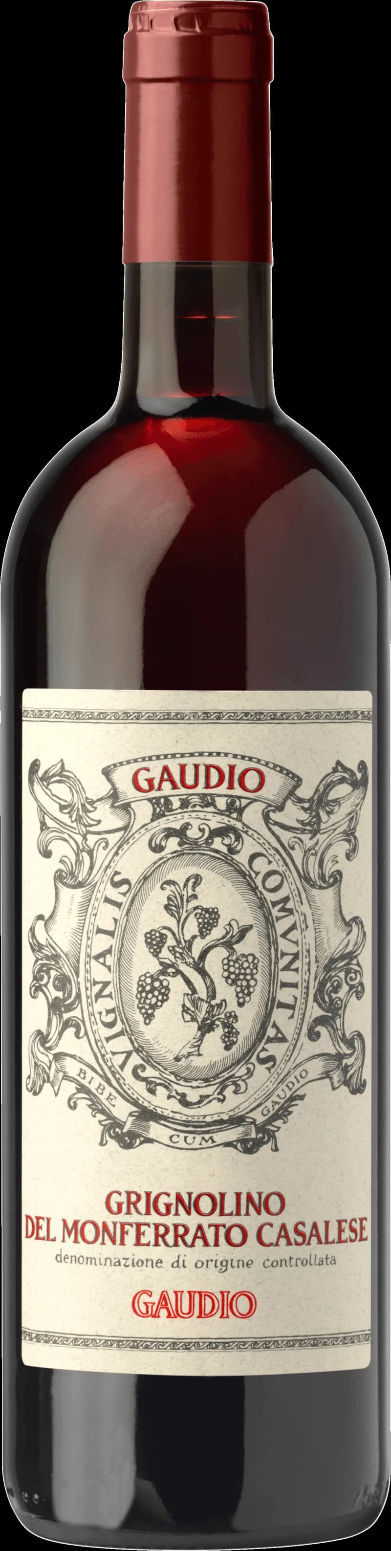 Flaska rött vin av druvan Grignolino del Monferrato Casales mot neutral bakgrund