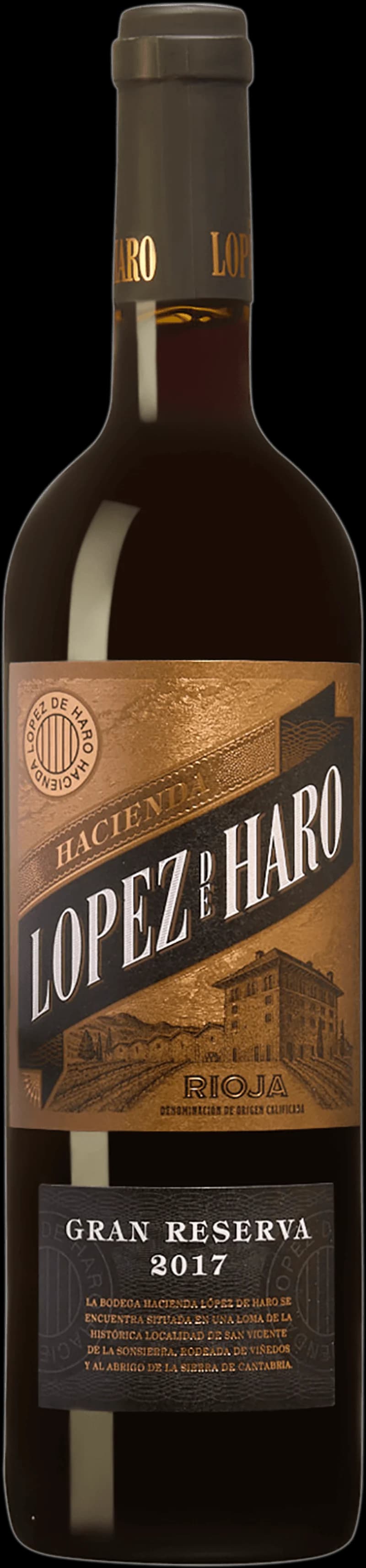Flaska rött vin från Hacienda L'Pez de Haro, ett spanskt vin med mörk färg och klassisk etikett.