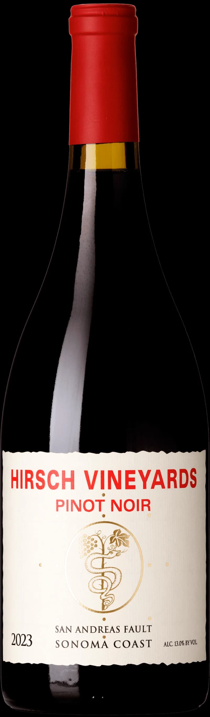 Flaska rött vin från Hirsch Vineyards, San Andreas Fault, på en vingård i Sonoma