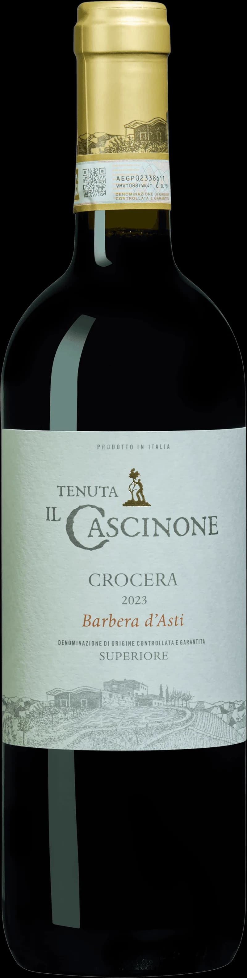 Flaska rött vin från Il Cascinone Crocera, italienskt vin med klassisk etikett