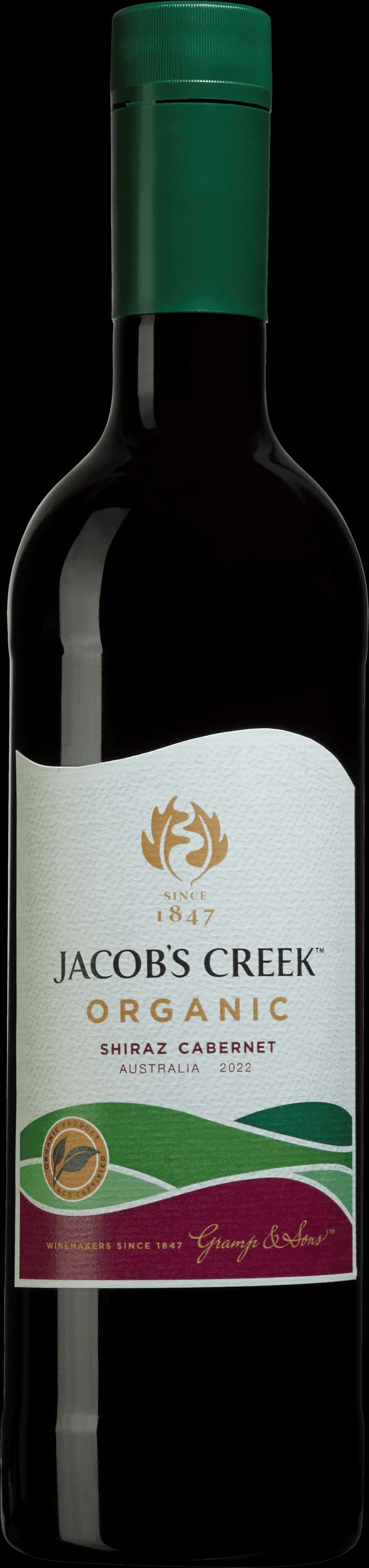 Flaska Jacob's Creek rött vin mot en neutral bakgrund