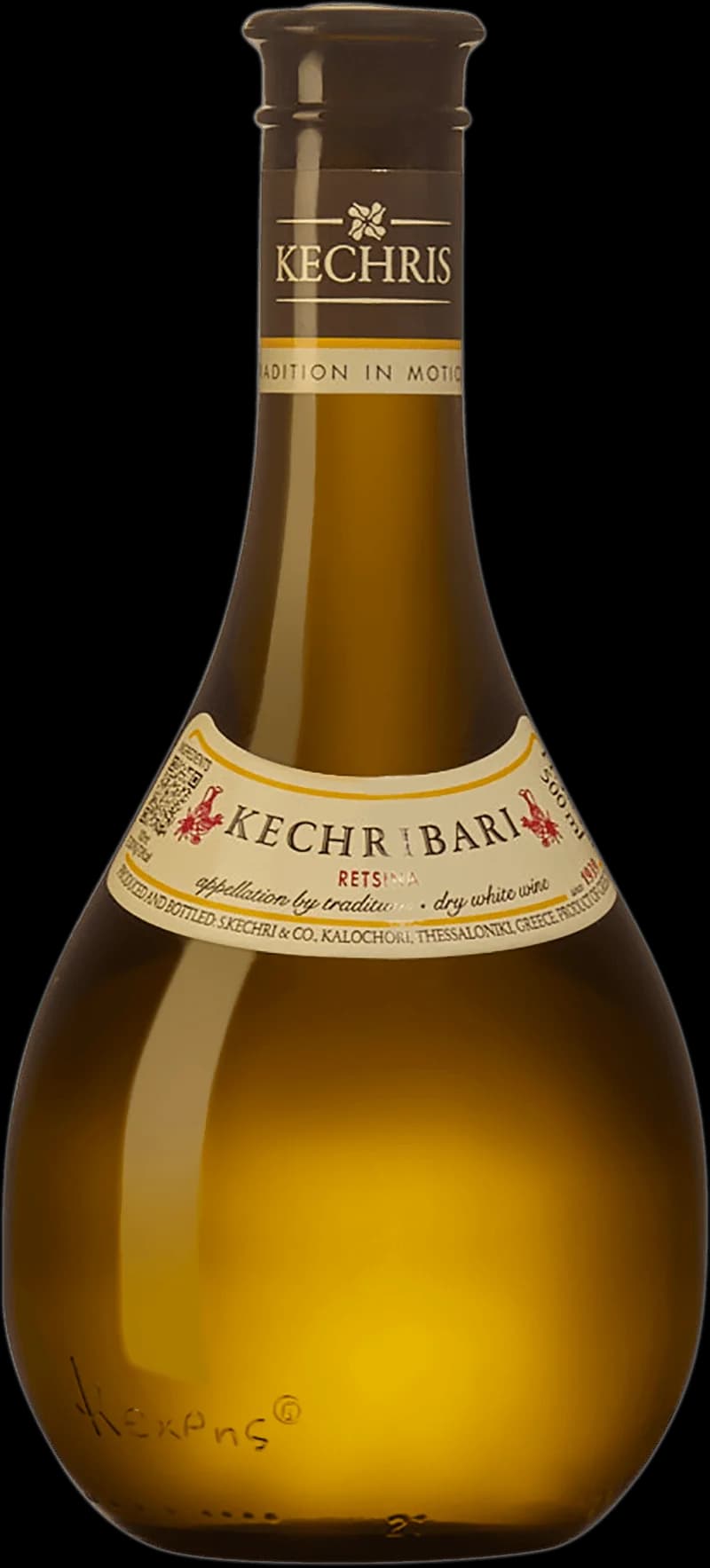 Flaska och glas med vitt retsinavin från Kechribari, ett grekiskt vitt vin smaksatt med kåda