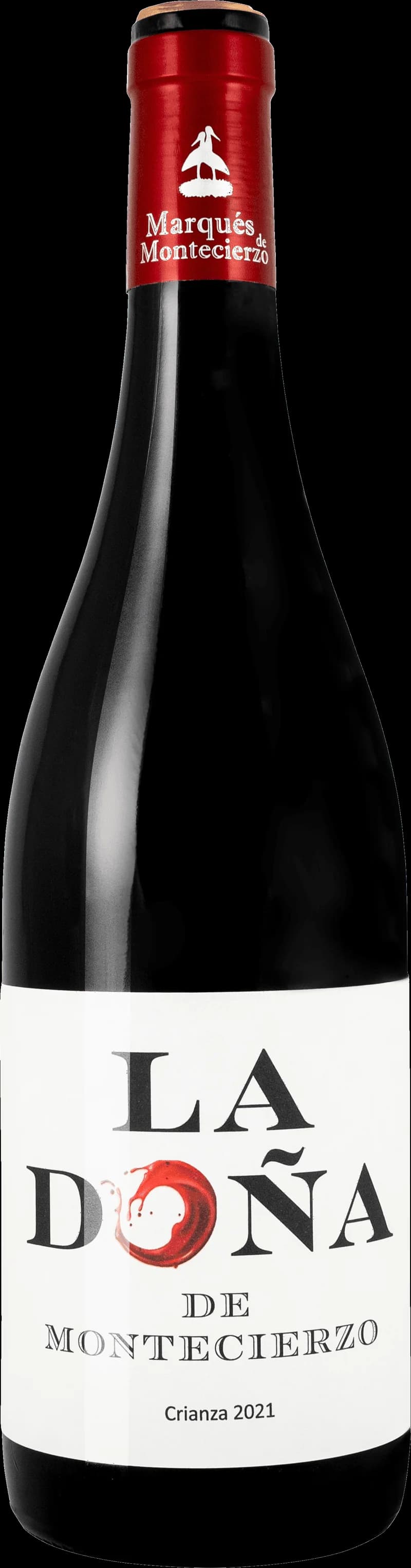 Flaska rött vin av märket La Dona de Montecierzo mot en neutral bakgrund