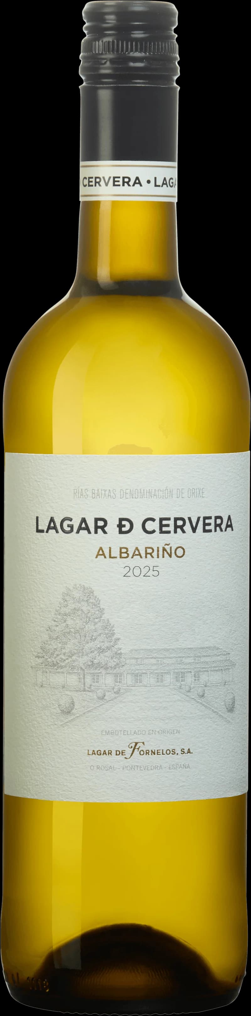 Flaska och glas med vitt vin från Lagar de Cervera
