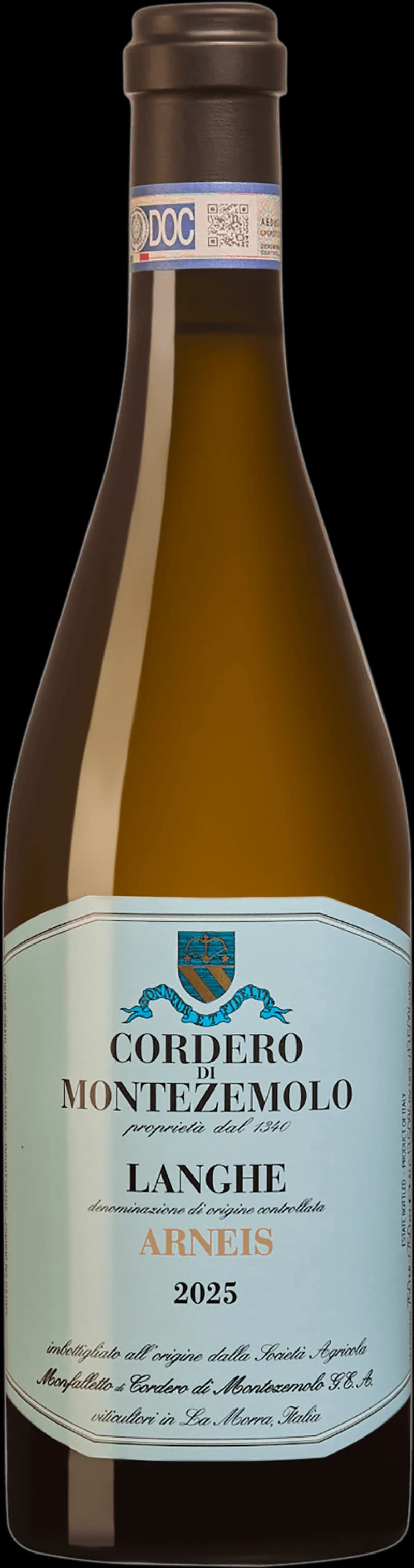 Flaska och glas med vitt Arneis-vin från Langhe i Piemonte, Italien