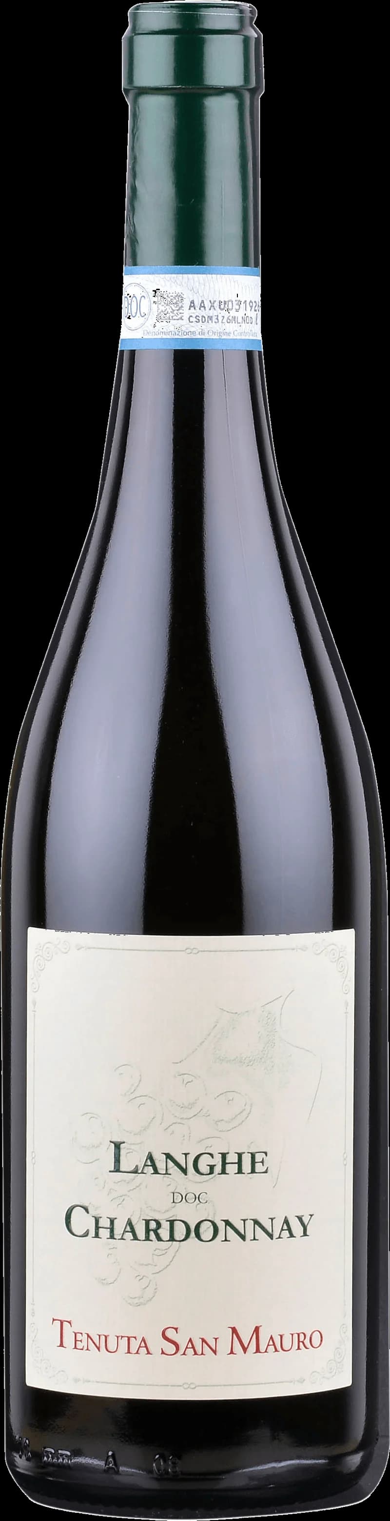 Flaska och glas med Langhe Chardonnay, ett torrt vitt vin från Piemonte i Italien