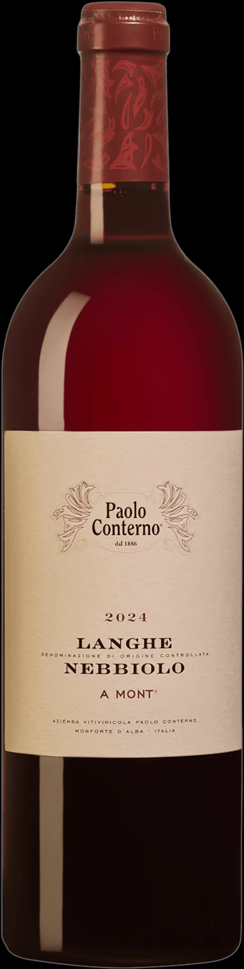Flaska Langhe Nebbiolo, ett rött vin gjort på nebbiolodruvan från Langhe i Piemonte.