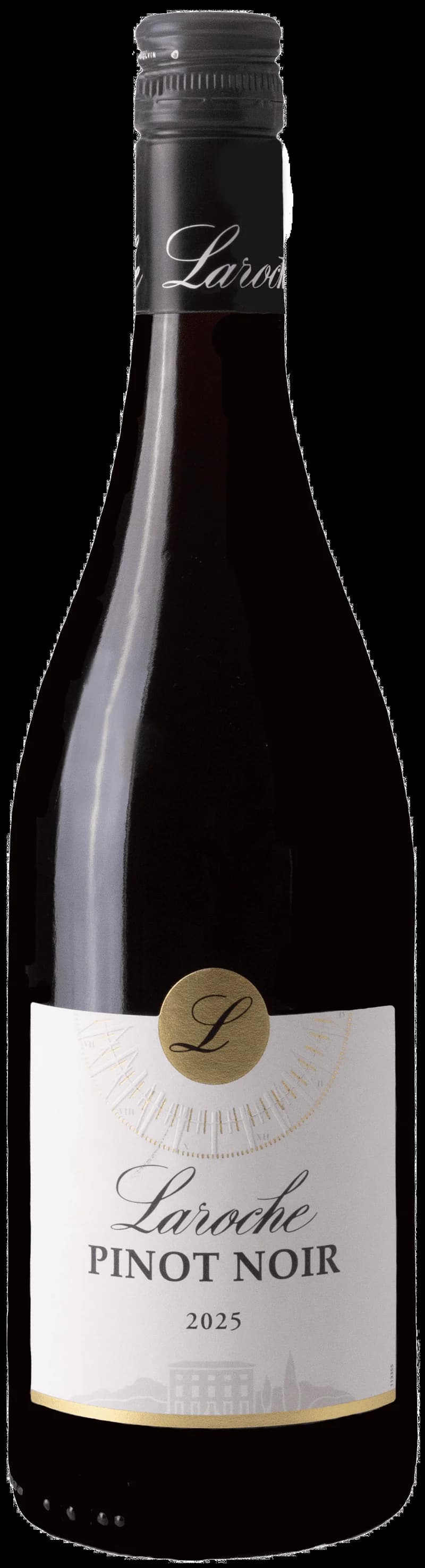 Flaska rött vin från La Roche mot en neutral bakgrund