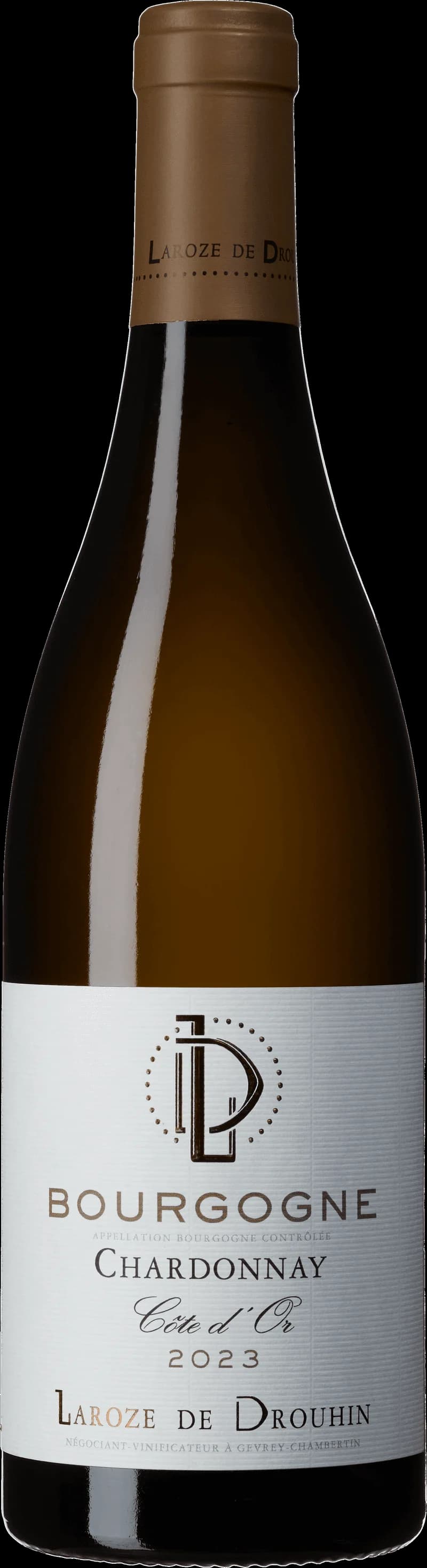 Flaska vitt vin av märket Laroze de Drouhin, fotograferad mot neutral bakgrund