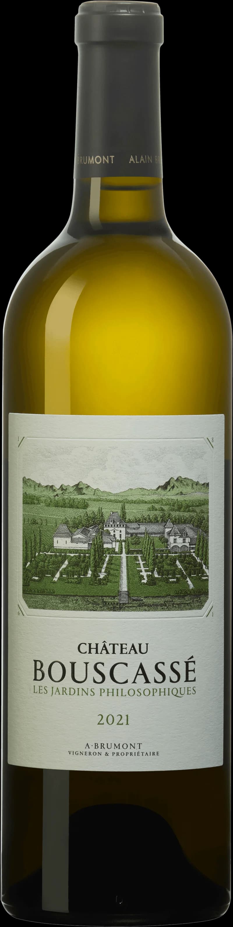 Flaska Les Jardins Philosophiques vitt vin med etikett mot ljus bakgrund